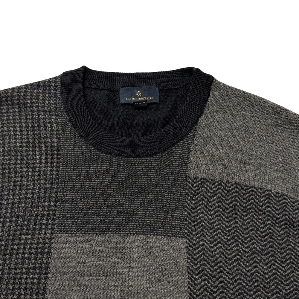 Brooks Brothers Mens Merino Wool Patchwork Crewneck Sweater Navy Grey Large - Picture 9 of 9